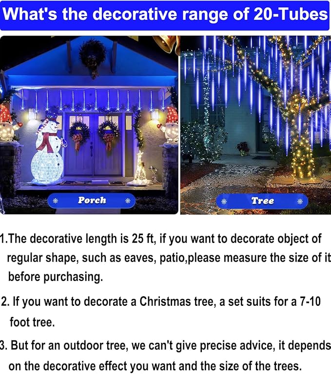 Blue Christmas Rain Lights Outdoor, 20" 20 Tubes 1080 LEDs | UL Listed Meteor Shower Lights Waterproof Cascading Falling Icicle String Lights for Xmas Tree Yard Halloween Wedding Party