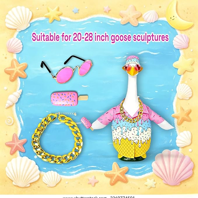 Porch Goose Outfits Summer Ice Cream Shirt - 5-Piece Male Couples Large Lawn Goose Clothes with Hawaiian Shirt, Bucket Hat, Pink Sunglasses, Gold Chain & Popsicle, Outdoor Yard Decor (Boyfriend Theme)