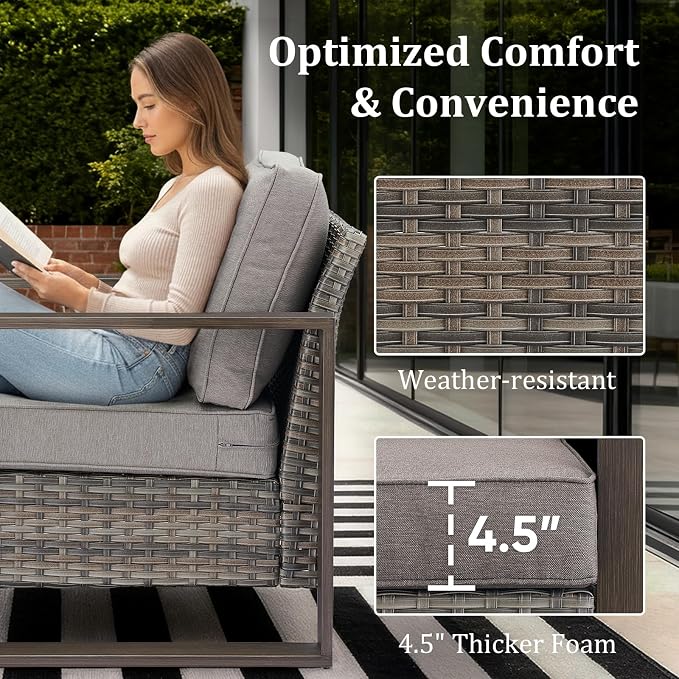 5-Piece Outdoor Patio Furniture Set with Rattan Chairs, All-Weather Wicker Sofa Set for Garden, Yard, Porch and Poolside Seating, Grey/Grey