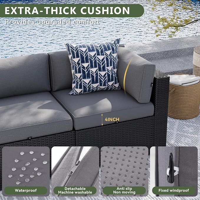 Aoxun 8 Piece Patio Furniture Set with 44" Fire Pit Table Wicker Rattan Sectional Sofa Outdoor Seating with Thickened Cushion, Grey