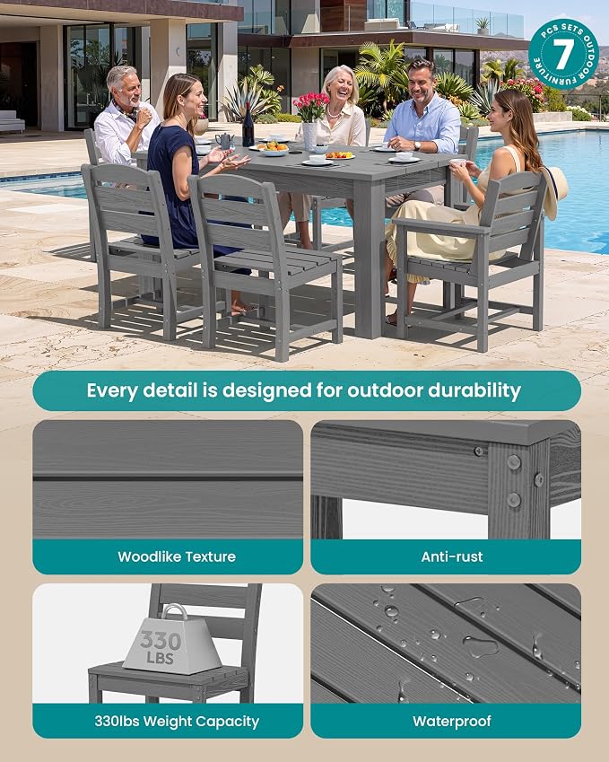 SERWALL 59" HDPE Outdoor Dining Set for 6, w/ 1 Table & 6 Chairs, Gray | Armless Patio Dining Sets for All Weather Use