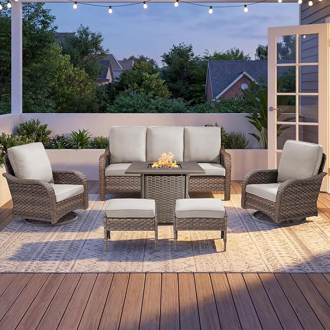 Patio Furniture Set - 6 Pieces All Weather Wicker Outdoor Furniture with 2 Swivel Chairs, 2 Ottomans 1 Sofa and Fire Pit Table, Ergonomic Design for Porch, Deck, Balcony, Garden, and Backyard(Beige)