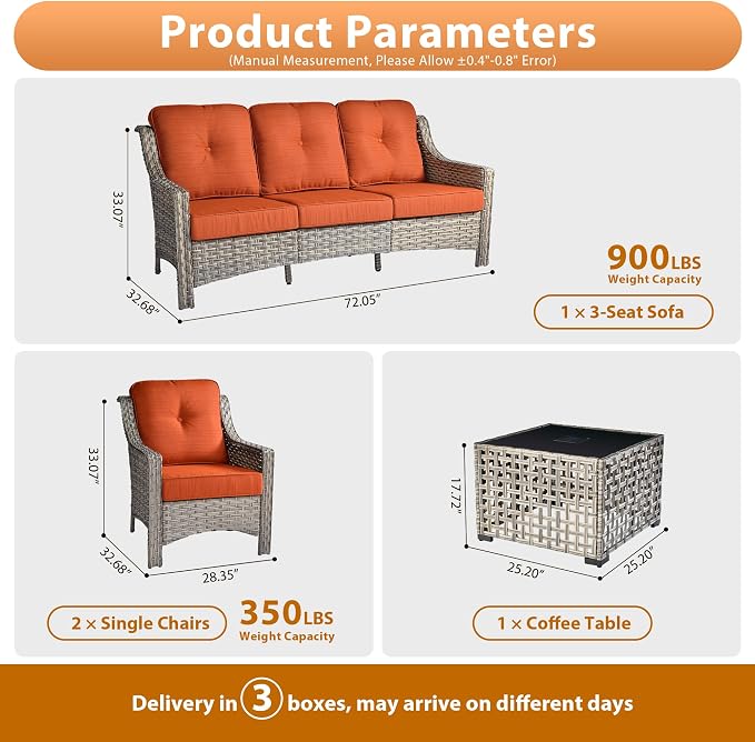 Outdoor Patio Furniture Sets, 4 PCS Patio Conversation Set Outside Rattan Sofa with Solar Light Coffee Table Comfy Cushions Fit Backyard Porch Garden Poolside Balcony,Coarse Stripes Red
