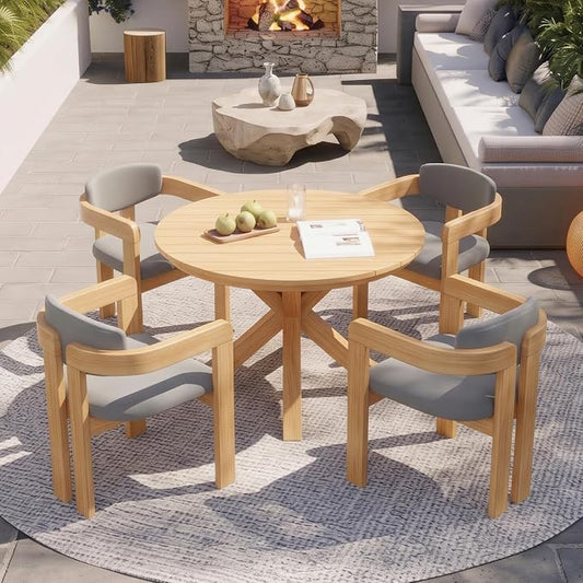 5-Piece Outdoor Dining Set, Solid Acacia Wood Patio Table with 4 Barrel Chairs, Cushioned Seats & Backs (Non-Removable), Modern Garden Conversation Set, Gray Cushion