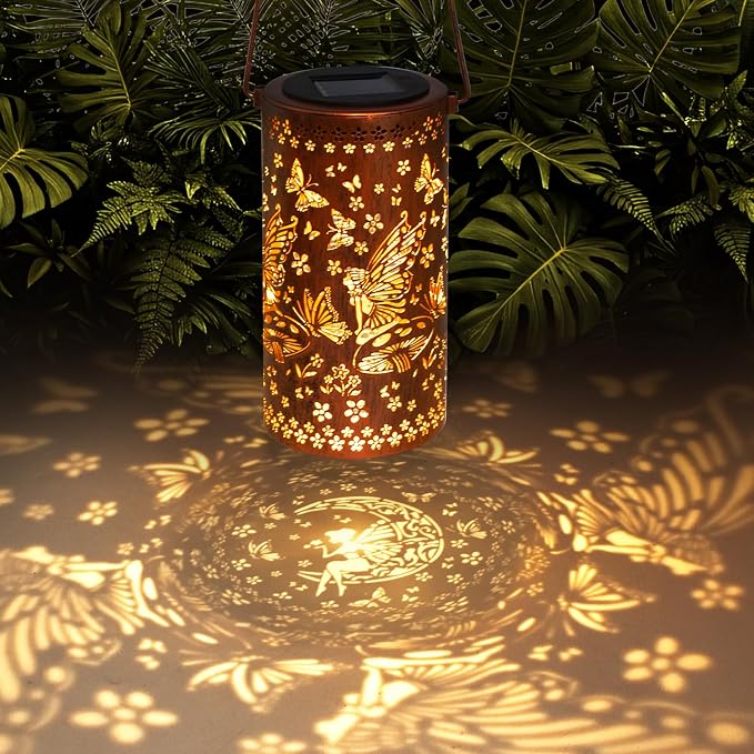 DIBIEECN Birthday Gifts for Women Mom Grandma Wife, Solar Lanterns Outdoor Waterproof, Metal Hanging Lights Garden Decor, LED Decorative Lantern for Patio Porch Backyard, Fairy, 1 Pack