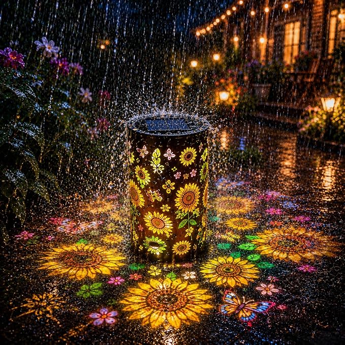 Colorful Sunflower Glow Solar Lantern, IP55 Waterproof Solar Garden Lantern with Multicolor Sunflower Projection, Outdoor Decorative Light for Patio, Yard and Garden