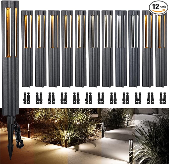 LEONLITE 12-Pack 3W 5CCT LED Low Voltage Path Lights Aluminum Black | LED Landscape Pathway Lights, Outdoor Landscape Lighting, 1800K2700K3000K4000K5000K Selectable, 12-24V, ETL, IP65 Waterproof