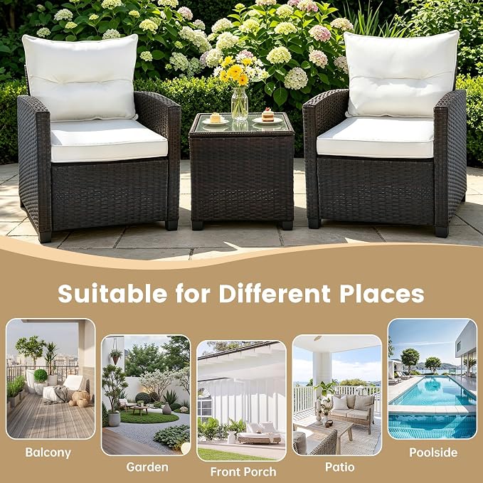 SHGJ&SOFT 3 Pieces Patio Furniture Set, Outdoor Conversation Set with Cushions, PE Rattan Wicker Bistro Set and Tempered Glass Tabletop, Outdoor Rattan Sofa for Poolside,Porch,Balcony (White)