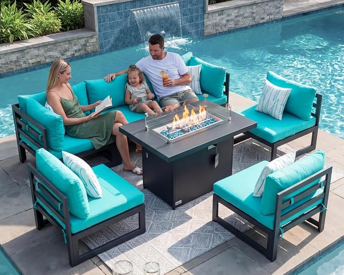 BULEXYARD 6 Person Large Modern Aluminum Outdoor Patio Furniture Set with Fireplace, 29" Wide Deep Seating, L Shaped Combo Sectional Couch, Water Resistant Conversation Set for Backyard Terrace, Teal