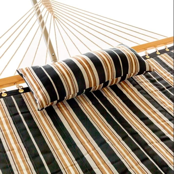 Castaway Living Large 2-Person Quilted Hammock with Stand & Pillow – Beige & Black Stripe, 10 ft. L x 52 in. W, 350 lb Capacity, Weather-Resistant Polyester, Portable Space-Saving Frame