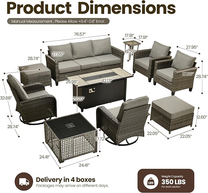 10 Piece Wicker Patio Furniture Set with Firepit, Dark Gray | High Back Swivel Rocker Chairs, 54-inch Fire Pit, Outdoor Sofa Ottoman Solar Lights Table, Conversation Sets, Deck Backyard