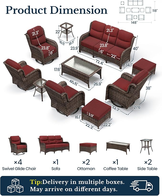 HILLGA Luxury Outdoor Patio Furniture Set with 6-Inch Thick Cushions,High Back Wicker Swivel Rocker Chairs, 10 Pcs All Weather Furniture Set for Large Deck, Yard and Poolside, Burgundy (V3)