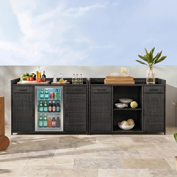 RUNNA 53.5" W Outdoor Wicker Storage Cabinet with Fridge Space,Weatherproof Outdoor Mini Fridge Bar Cabinet with Adjustable Shelves & Drawers for Pool Towel Storage,Garden,Kitchen (Black+Brown#64)