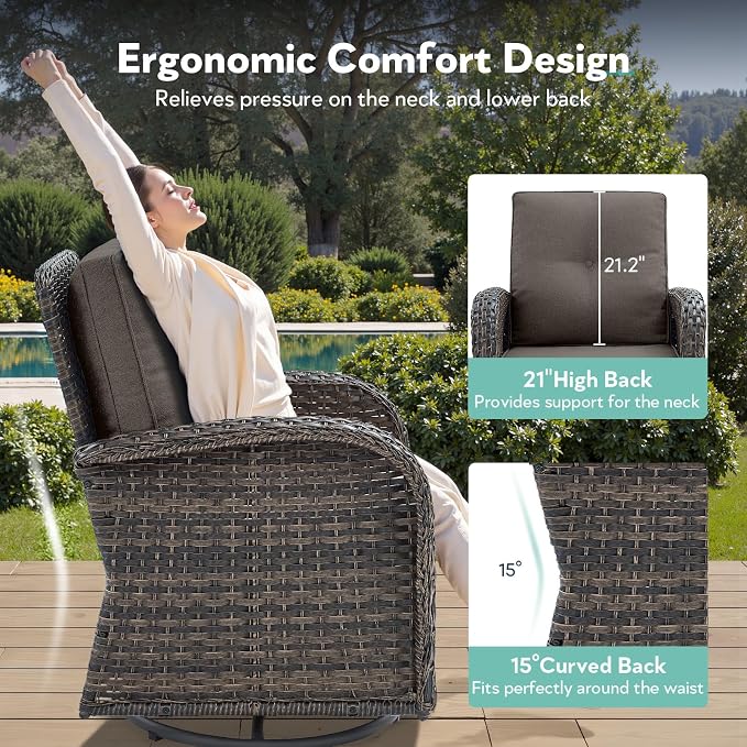 Outdoor Swivel Glider Rocker Chairs Set- 6 Piece Patio Furniture Set with A Glider Loveseat, Tempered Glass Side Table and 2 Ottoman, for Balcony, Porch - Brown Wicker, Grey Cushion