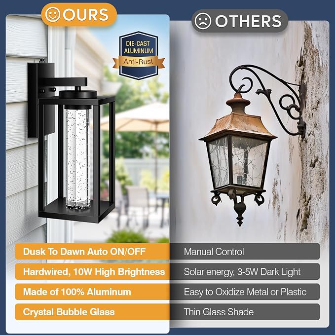 VIANIS Large Exterior Lighting Fixtures Wall Mount for House, Modern Black Dusk to Dawn Built-in LED Outdoor Garage Lights, Anti-Rust Outdoor Sconce Lights for Porch, Patio with Crystal Bubble Glass