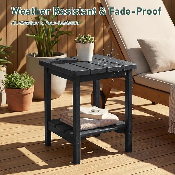 Furnimart Adirondack 2-Layer Square Outdoor Side Table, Extra-Thick HDPE Weather-Resistant Small Patio Table, Black Outdoor End Table for Garden Balcony Yard Deck Poolside(Black)