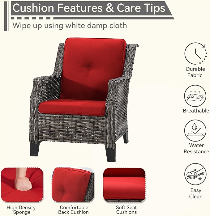 3 Piece Patio Furniture Set, 2-Seater Loveseat and 2 Chairs, Rattan Conversation Set with Deep Seating and Olefin Cushions, for Outdoors, Backyard, Porch, Deck, Garden, Red