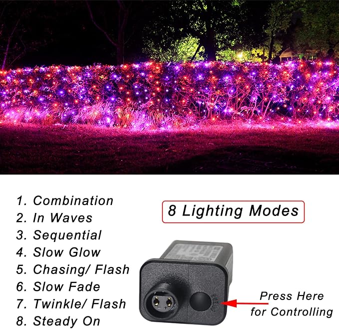 Orange and Purple Halloween Net Lights Outdoor, 21x 5ft Green Wire | 360 LED Large Net Mesh Lights Plug in, 8 Modes Waterproof Connectable Bushes Lights for Halloween Hedge Yard Decor