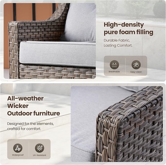 4 Piece Outdoor Patio Furniture Set, All Weather Waterproof Wicker High Back Conversation Set, Two Single Chairs, Solar Light Coffee Table, Outside Furniture for Porch Balcony, Light Grey