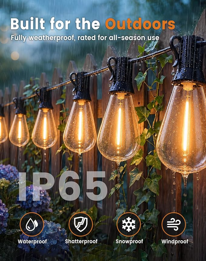 110FT(100+10) Outdoor LED String Lights with 2FT Bulb Spacing, Waterproof, Shatterproof, Dimmable, Warm White, 3 Lighting Modes, Timer, Plug in Hanging Backyard Lights for Outside, Patio