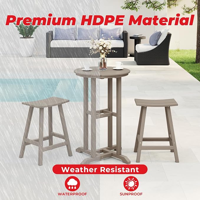 Costaelm Outdoor Bar Table, 37" Counter Height Round Patio Cocktail Bar Table, Patio Bar Table 3-Pieces Set Bistro Dining Table Pub Table for Deck, Backyard, Garden, Weathered Wood