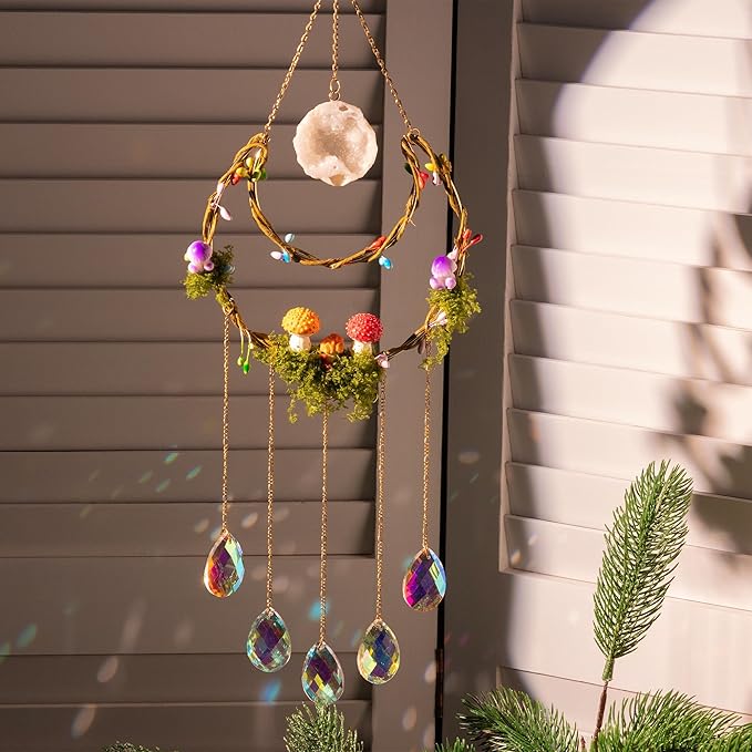 Mushroom Sun Catcher for Window Garden Decor - Mushroom Home Decor | Piece with Healing Amethyst, suncatcher Crystal Hanging Indoor Suncatcher Outdoor Wall Rainbow Maker Perfect Ornaments House