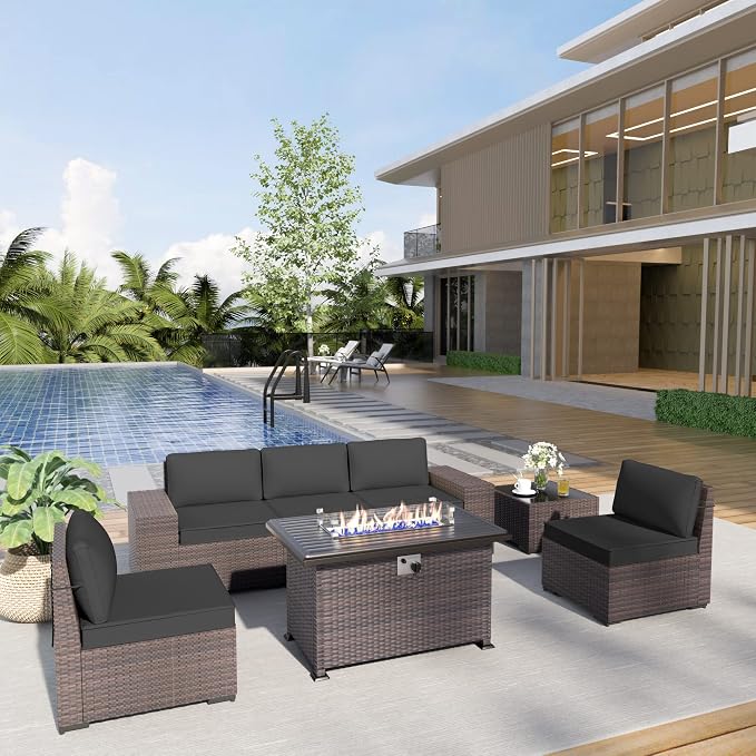 Kurapika 7 Pieces Patio Furniture Set, Rattan Wicker Outdoor Conversation Sets w/43in Propane Fire Pit Table and 4 Inch Cushion(Black)