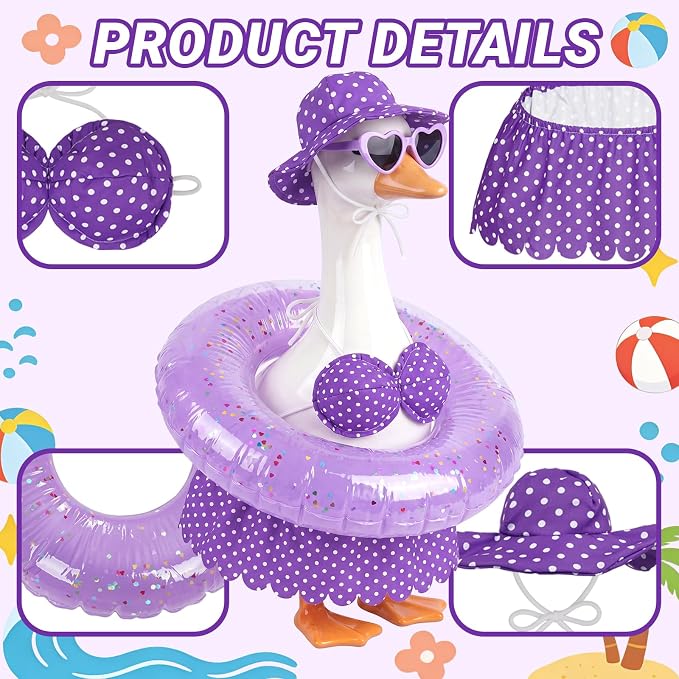 hoyuwak Bikini Goose Outfits Summer Hawaiian Porch Goose Outfits with Swimming Ring Sunglasses Hat for 23" Geese Yard Decor
