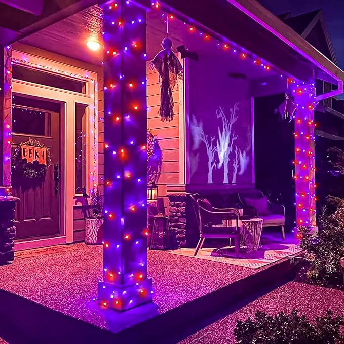 2 Pack Halloween Lights, Total 200FT 600 LED Outdoor String Lights | Orange and Purple, 8 Modes Waterproof Plug in Halloween Decorations for Outside Indoor House Patio Garden Party Holiday