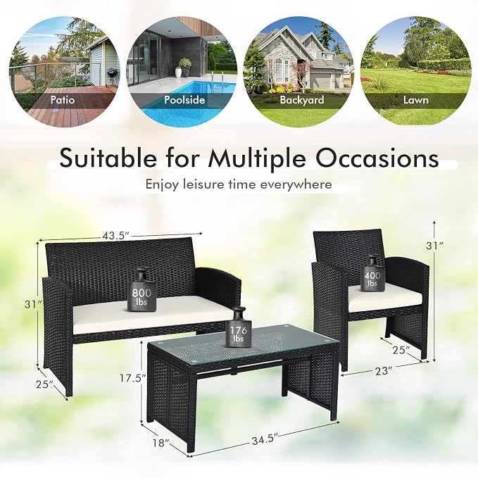 DORTALA 4 Pieces Patio Wicker Conversation Furniture Set, Outdoor Rattan Sofas with Bistro Sets with Coffee Table for Courtyard Balcony Wicker Chairs with Soft Cushion and Table, White