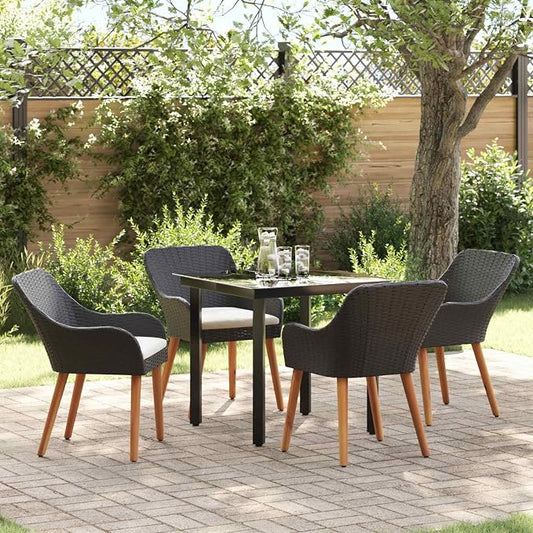 5-Piece Garden Dining Set with Cushions Black Poly Rattan Patio Outdoor Furniture Table and Chairs for Backyard Deck Poolside Entertaining