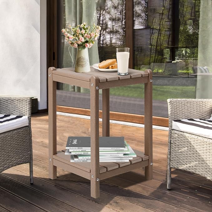 LZRS 24" Double Adirondack Outdoor Side Table, Pool Composite Patio Table,HDPE End Tables for Backyard,Pool, Indoor Companion, Easy Maintenance & Weather Resistant(Weathered Wood)