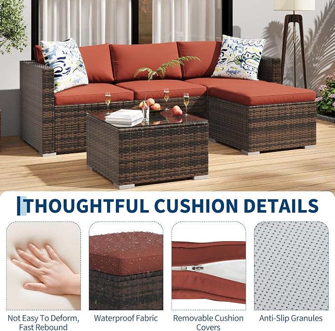 PeakPursuit Outdoor Patio Furniture Set, 5 Pieces Rattan Patio Conversation Sets with Glass Coffee Table and Cushion,All Weather Outdoor Patio Sofa for Garden, Poolside, Backyard,Orange