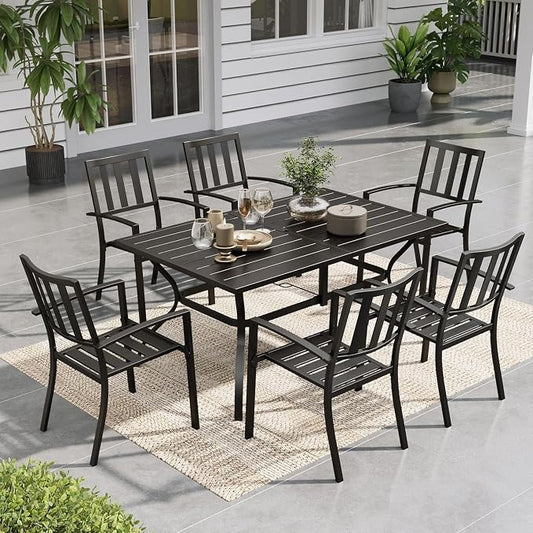 Sophia & William 7-Piece Patio Dining Set for 6, 60.2" Metal Outdoor Table with Umbrella Hole & 6 Stackable Chairs
