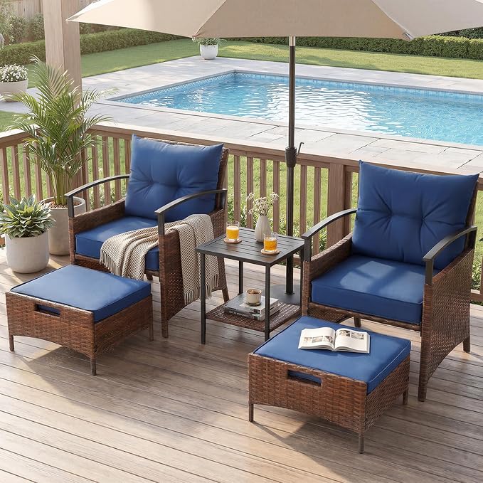 AVAWING 5 PCS Outdoor Rattan Furniture Set, Wicker Conversation Sets W/Metal Coffee Table and Soft Cushions, Patio Chairs with Ottomans for Garden, Porch, Balcony and Deck (Blue)