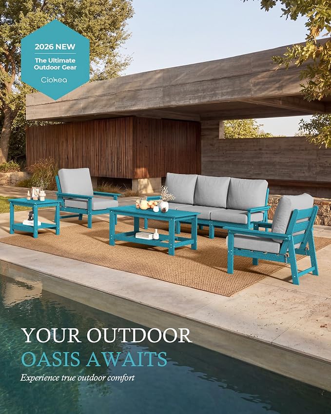 Ciokea Modular Patio Furniture Set with Thicked Cushions, 7Pcs All-Weather Outdoor Conversation Set with Coffee Table & Side Table, Modern Sectional Sofa Set for Deck (Blue Frame/Grey Cushions)