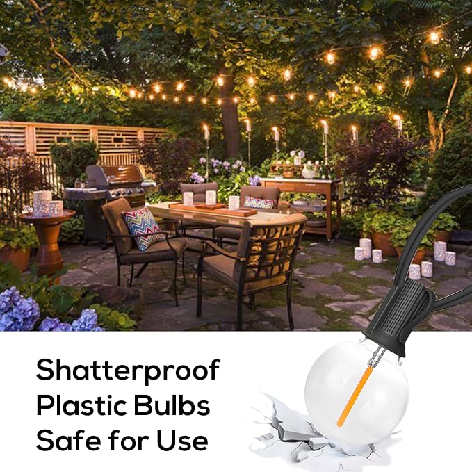 50FT G40 Globe String Lights with 26 Dimmable Plastic Bulbs, 2700K Waterproof Outdoor LED Lights for Patio, Porch, Cafe, Backyard, E12 Screw Base