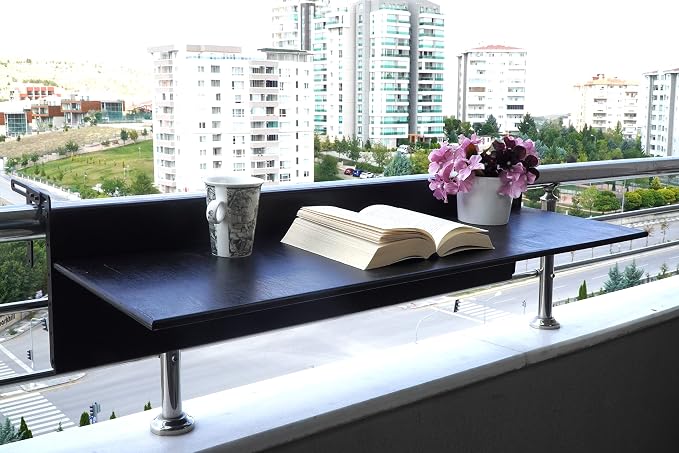 Balcony Bar Table for Railings, Outdoor Folding Deck Rail Table for Patio, Balcony Hanging Desk for Many Railings Compatible, Wooden Bar Serving Table for Porch (Black, L: 39.5 x 11.8 inches)