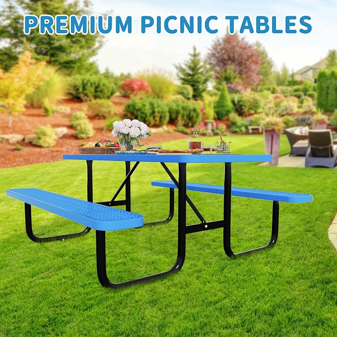 6FT Rectangular Metal Picnic Table for Outdoors, Commercial Steel Metal Picnic Tables, Heavy Duty Sturdy Picnic Tables Furniture Set for Patio Garden Courtyard BBQ, with Umbrella Hole, Blue
