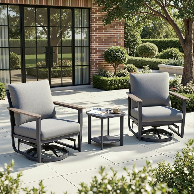 Aluminum Patio Swivel Rocking Chair Outdoor Bistro Set, 3PCS Patio Conversation Set Outdoor Patio Furniture Set with High Backrest & Thickened Cushions for Garden, Deck and Balcony, Grey