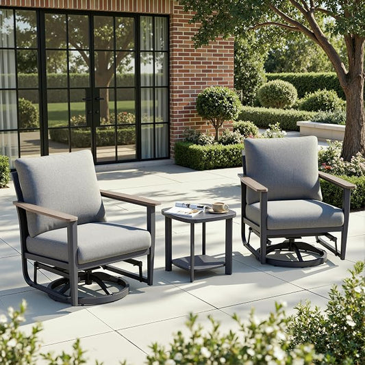 3-Piece Patio Rocking Swivel Chair Outdoor Aluminum Bistro Set with Coffee Table, Outdoor Patio Furniture Set with High Backrest & Thickened Cushions for Garden, Deck and Balcony, Grey