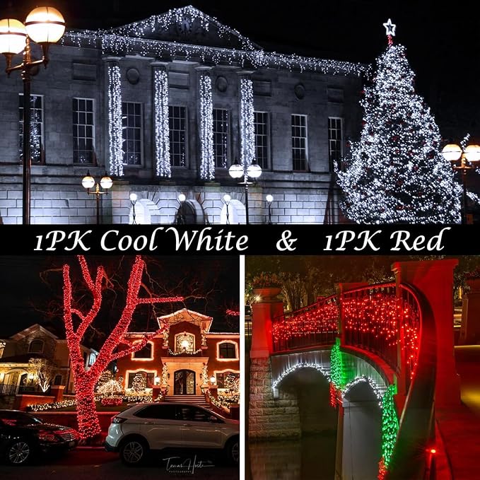 KAQ 2pack 500LED Solar String Lights Outdoor Waterproof Red & White | Total 180FT Flexible Wire With Bright LEDs, 8 Twinkle Modes with Memory, Auto On/Off Easily Decorates Trees, Fences, Garden