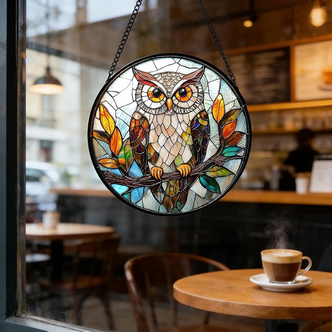 DASTOLL Stained Glass Window Hanging, Owl Colorful Leaves Birds Sun Catchers Diamond Glass Panel Hangings Suncatcher Decor for Birthday for Women, Men, Wife, Aunt, and Mom 6.3 in