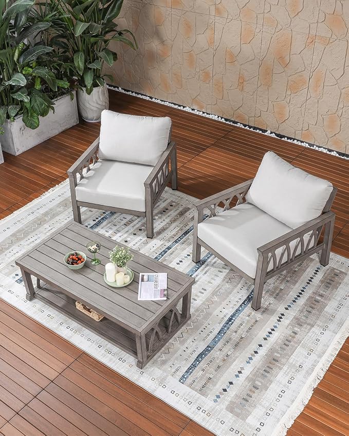 Aluminum Outdoor Coffee Table, 46" Rectangular Patio Coffee Table with Double Storage, Waterproof Aluminum Patio Furniture Tables with Adjustable Feet for Garden, Deck, Porch, Limed Oak