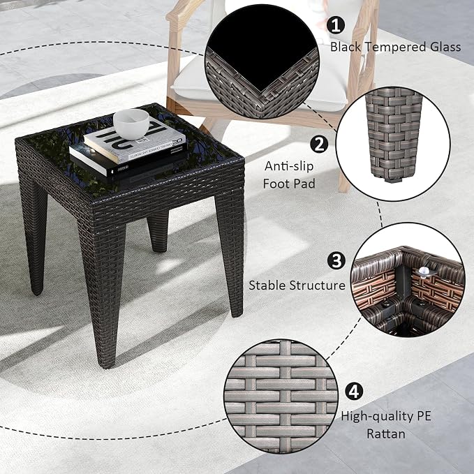 Kinfant Rattan Patio Side Table - Modern Wicker End Table, PE Coffee Table with Glass Top, Weather-Resistant Patio Furniture for Patio, Balcony, Garden, and Poolside (1, Rattan Black)