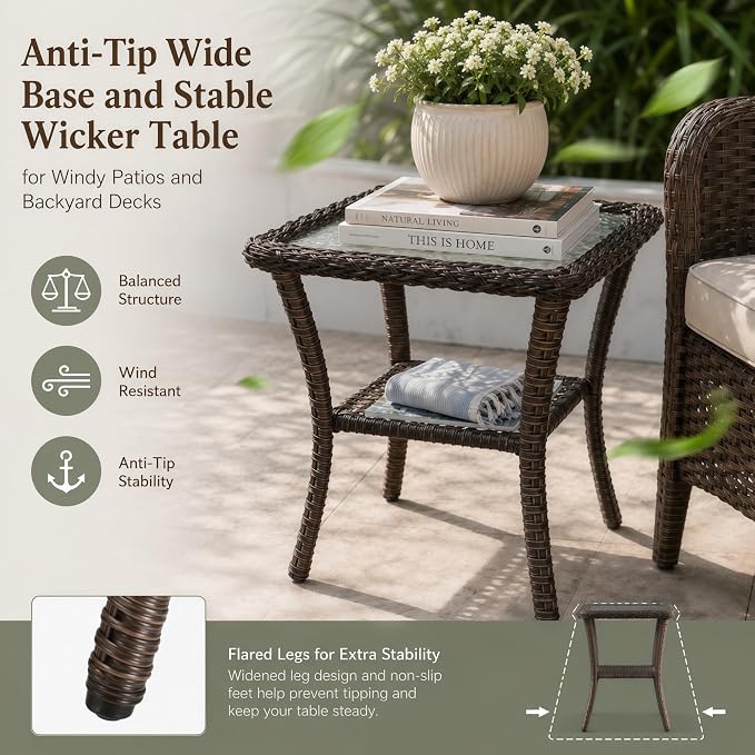 HUMMUH 20x20 Inch Wicker Patio Side Table with Glass Top, Espresso Brown | Powder-coated aluminum frame, PE rattan, lower storage shelf, 66 lb weight capacity, 20x20x22 inch dimensions