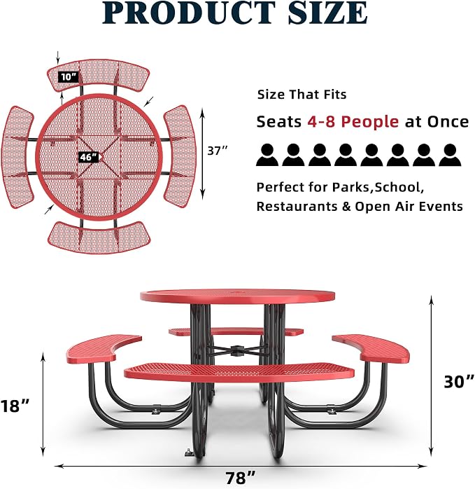 KEIKI 78.7" Heavy-Duty Metal Picnic Table w/2.05" Umbrella Hole, Round Commercial Outdoor Steel Table for 4–8 People, 2.5mm Mesh Top, Rust-Resistant Coating, Patio Backyard Park Dining Furniture, Red