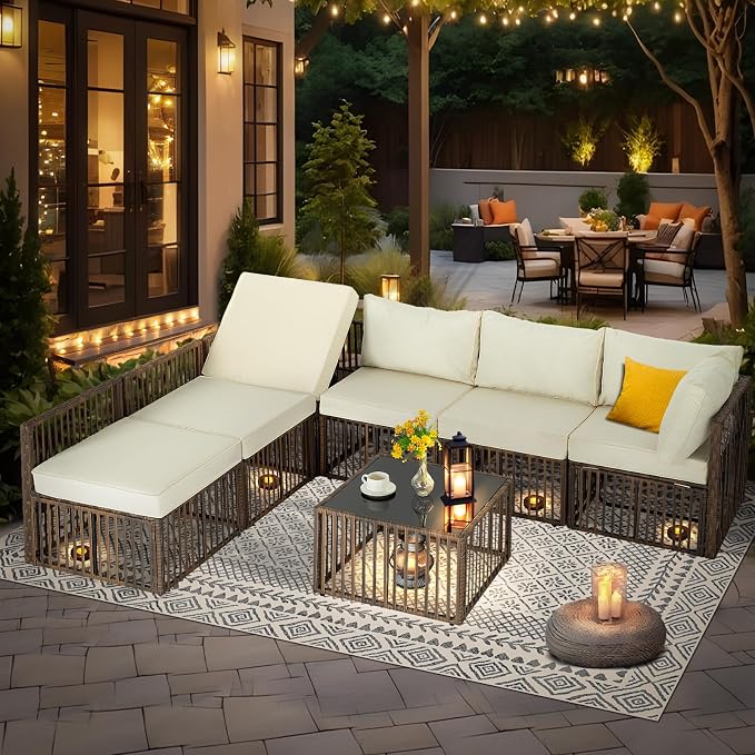 FHFO 7 Piece Outdoor Wicker Patio Furniture Set, Brown/Beige | Sectional Sofa | All-Weather Hand-Woven Rattan | Tempered Glass Coffee Table | Adjustable Backrest | Indoor & Outdoor Use