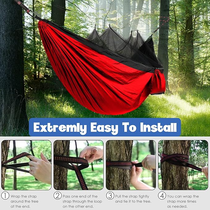 Gold Armour Camping Hammock - Camping Essentials, Double Hammock with Bug Net, Camping Gear Hammock for Outside, Hiking, and Travel (Red & Black)