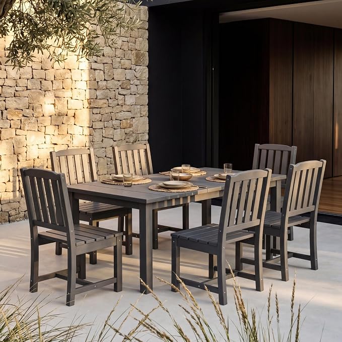 Perli™ 7-Piece Outdoor Dining Set, All-Weather HDPE Patio Table and 6 Chairs with Umbrella Hole, UV-Resistant Composite Wood Dining Furniture for Deck, Backyard, Poolside, Grey